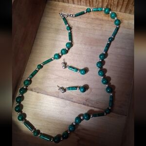 Malachite and Sterling Silver Bead Necklace and Earring Set